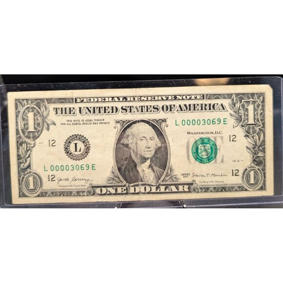 Other - 2017 $1 Bill – Low Serial Number L00003069E – Circulated Note in Semi‑Rigid Hold